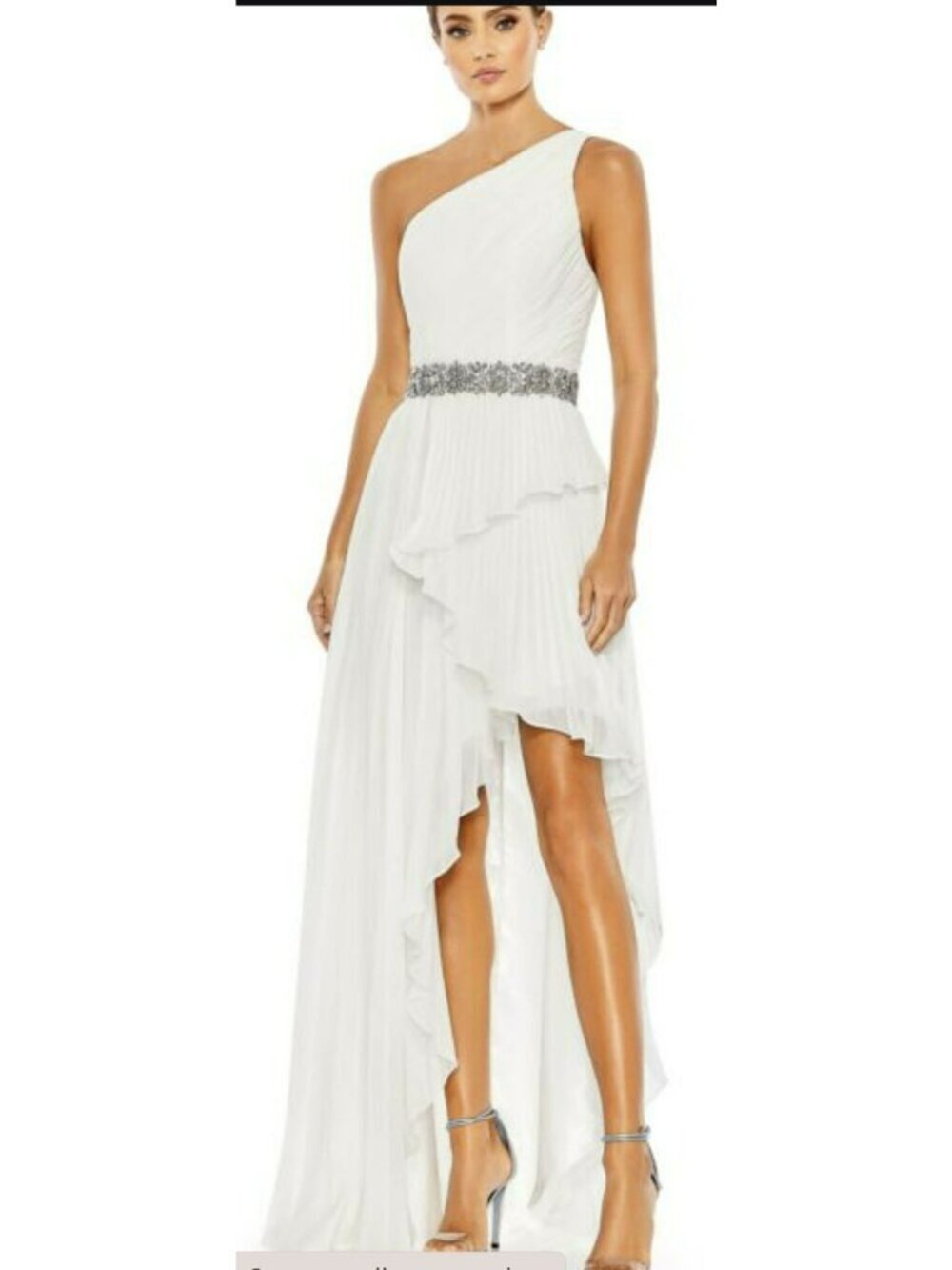 Mac Duggal White One-Shoulder Asymmetrical Pleated Embellished Gown Sz 2 NWT
